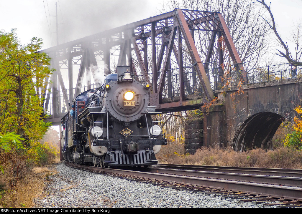 RBMN 425 ducks under the former PRR Schuylkill branch trestle; now a rail trail